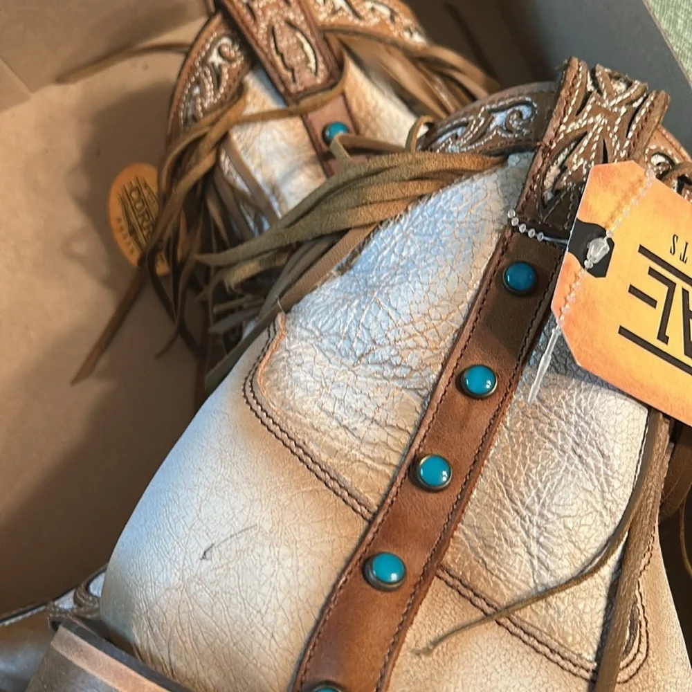 Corral Leather White/Brown Fringe Studs Square Mouth Boots(Size 9) - Picture 7 of 12